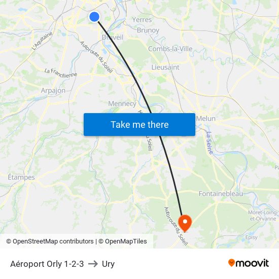 Aéroport Orly 1-2-3 to Ury map