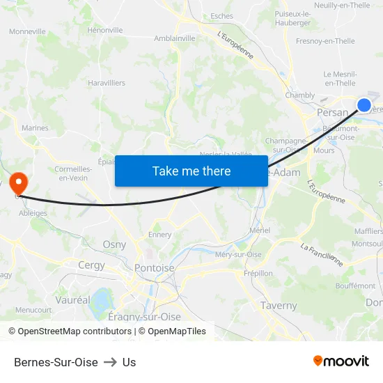 Bernes-Sur-Oise to Us map