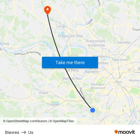 Bievres to Us map