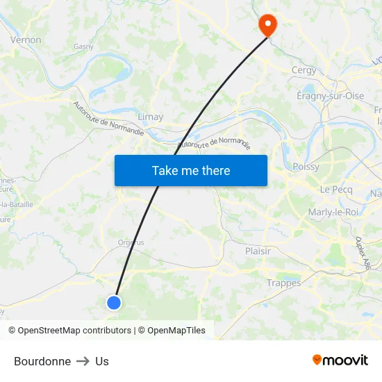 Bourdonne to Us map