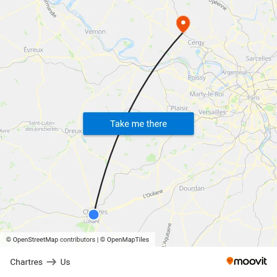 Chartres to Us map