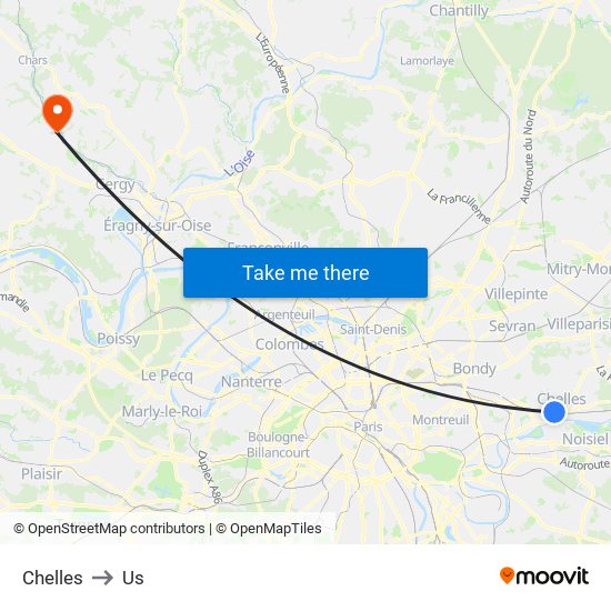Chelles to Us map