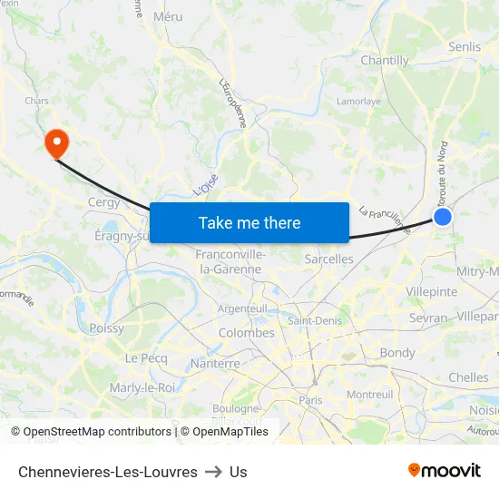 Chennevieres-Les-Louvres to Us map