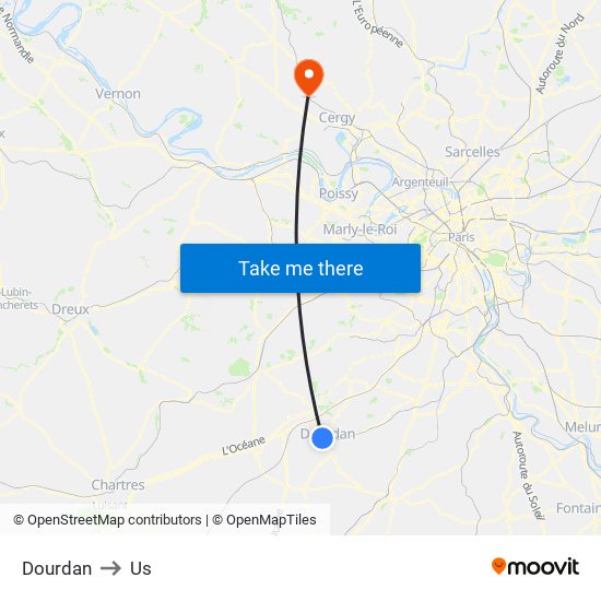 Dourdan to Us map
