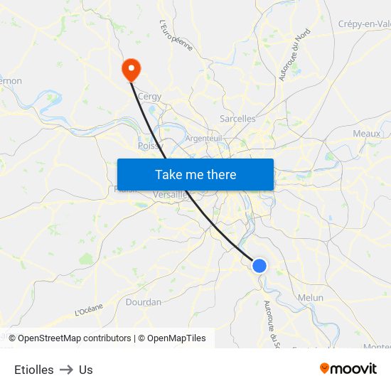 Etiolles to Us map