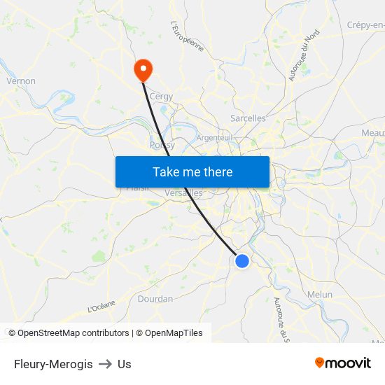 Fleury-Merogis to Us map
