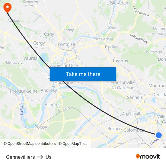 Gennevilliers to Us map