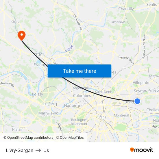Livry-Gargan to Us map
