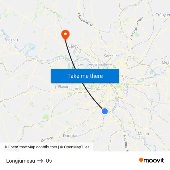 Longjumeau to Us map