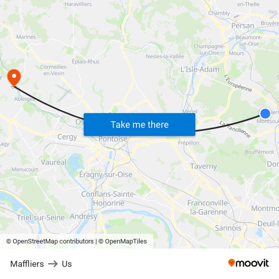 Maffliers to Us map