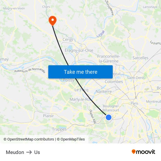 Meudon to Us map