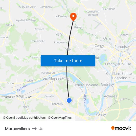 Morainvilliers to Us map