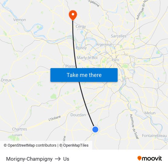 Morigny-Champigny to Us map