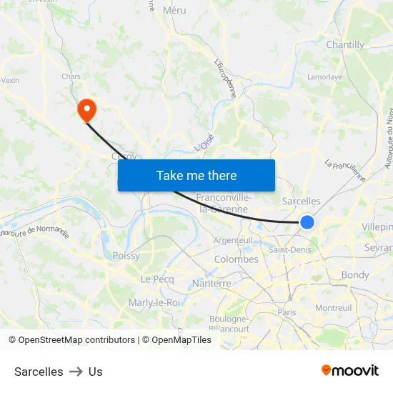 Sarcelles to Us map