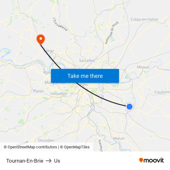 Tournan-En-Brie to Us map
