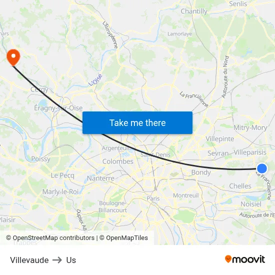 Villevaude to Us map