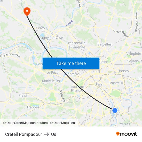 Créteil Pompadour to Us map