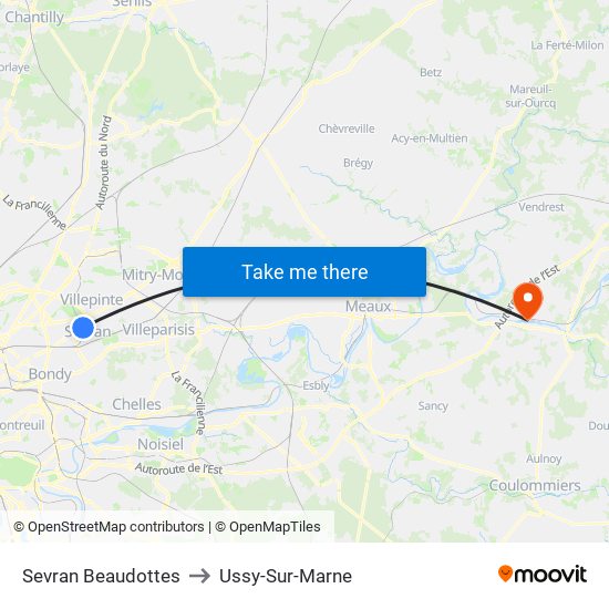 Sevran Beaudottes to Ussy-Sur-Marne map