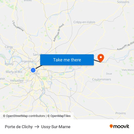 Porte de Clichy to Ussy-Sur-Marne map
