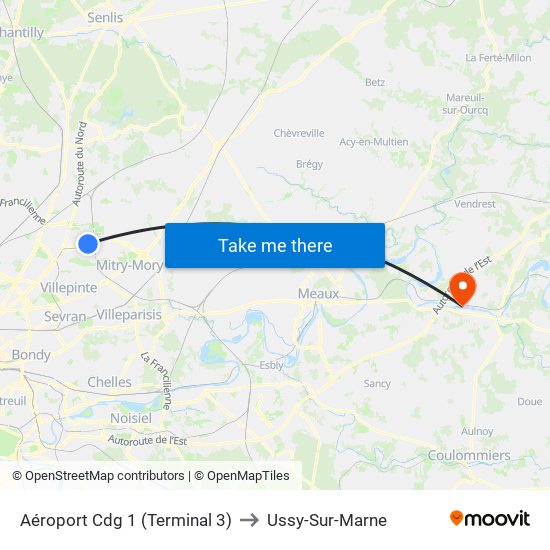 Aéroport Cdg 1 (Terminal 3) to Ussy-Sur-Marne map