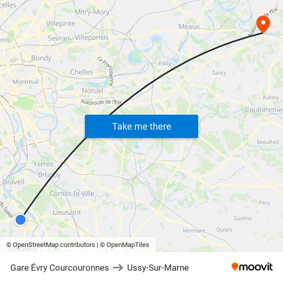 Gare Évry Courcouronnes to Ussy-Sur-Marne map