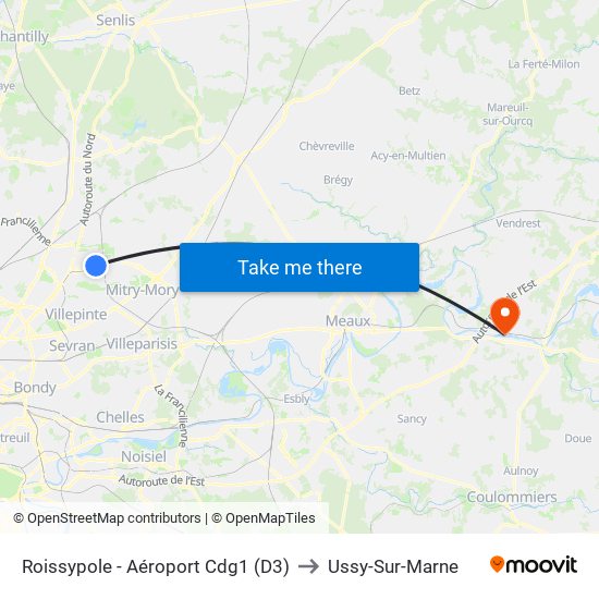 Roissypole - Aéroport Cdg1 (D3) to Ussy-Sur-Marne map