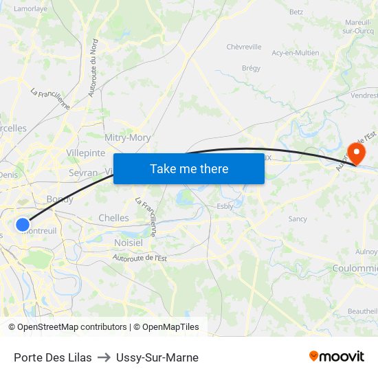 Porte Des Lilas to Ussy-Sur-Marne map