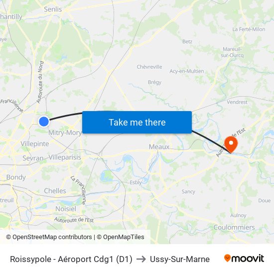 Roissypole - Aéroport Cdg1 (D1) to Ussy-Sur-Marne map
