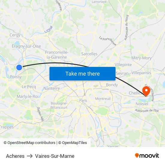 Acheres to Vaires-Sur-Marne map