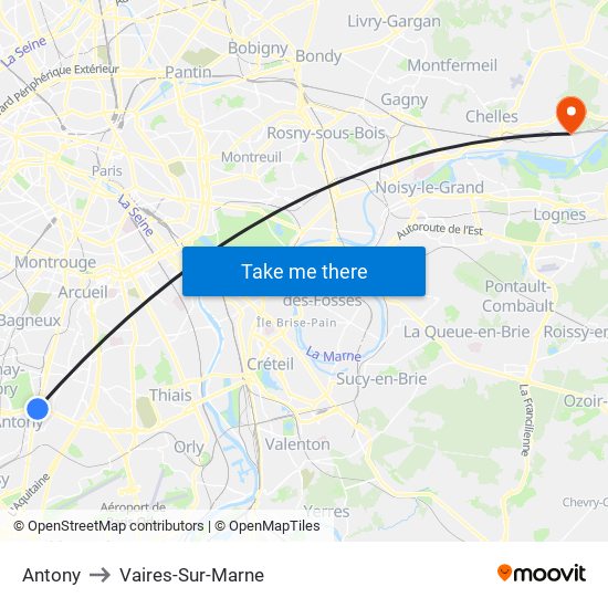 Antony to Vaires-Sur-Marne map