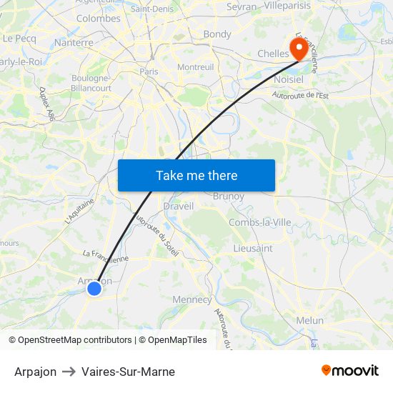 Arpajon to Vaires-Sur-Marne map