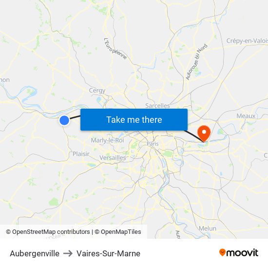 Aubergenville to Vaires-Sur-Marne map