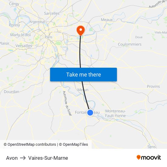 Avon to Vaires-Sur-Marne map