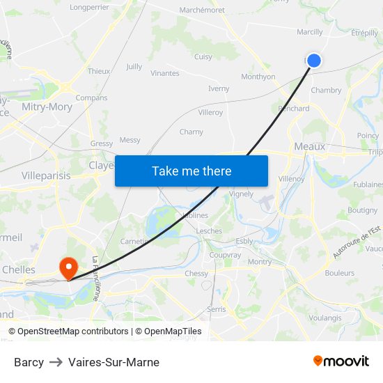 Barcy to Vaires-Sur-Marne map