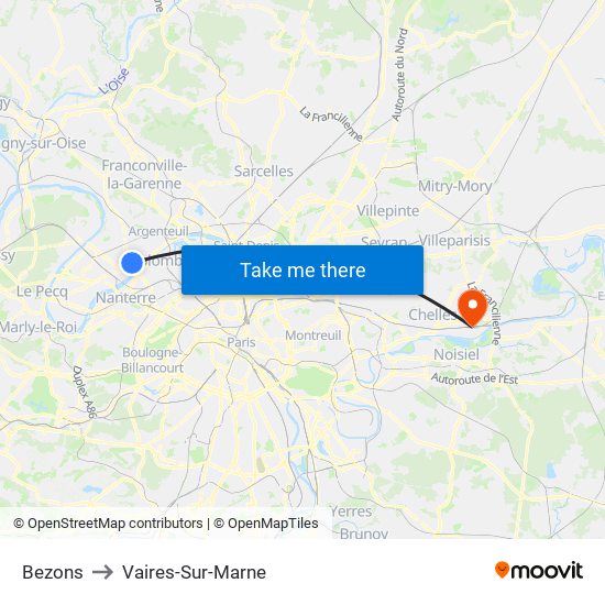 Bezons to Vaires-Sur-Marne map