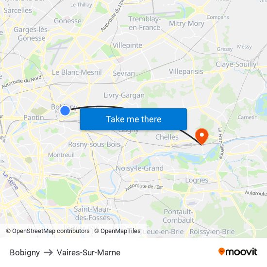 Bobigny to Vaires-Sur-Marne map