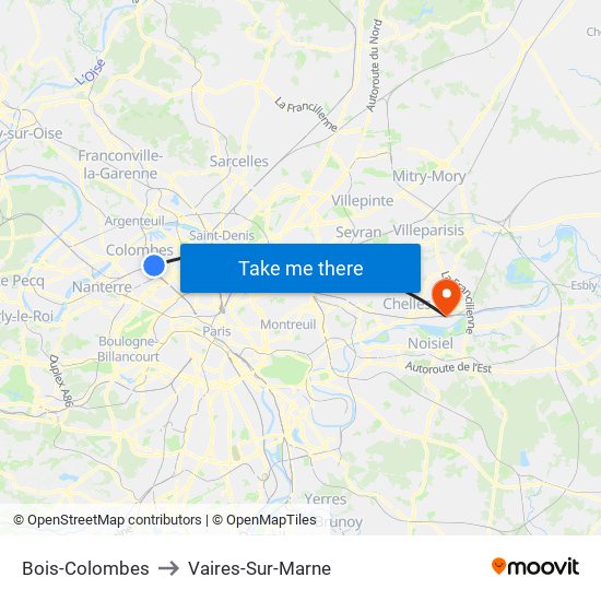 Bois-Colombes to Vaires-Sur-Marne map