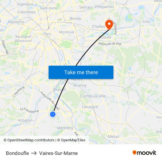 Bondoufle to Vaires-Sur-Marne map