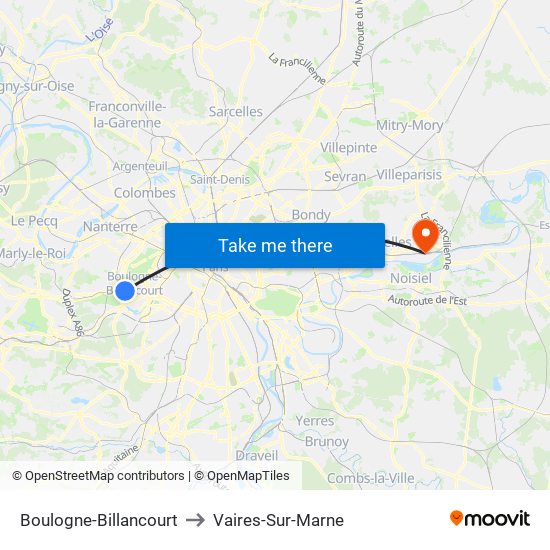 Boulogne-Billancourt to Vaires-Sur-Marne map