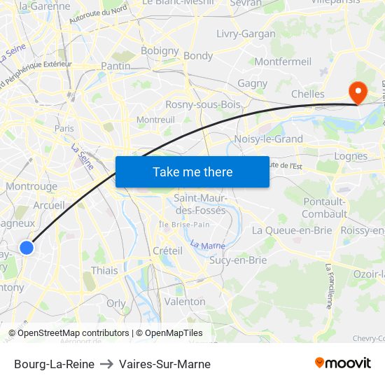 Bourg-La-Reine to Vaires-Sur-Marne map