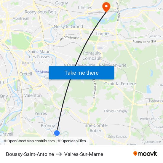 Boussy-Saint-Antoine to Vaires-Sur-Marne map