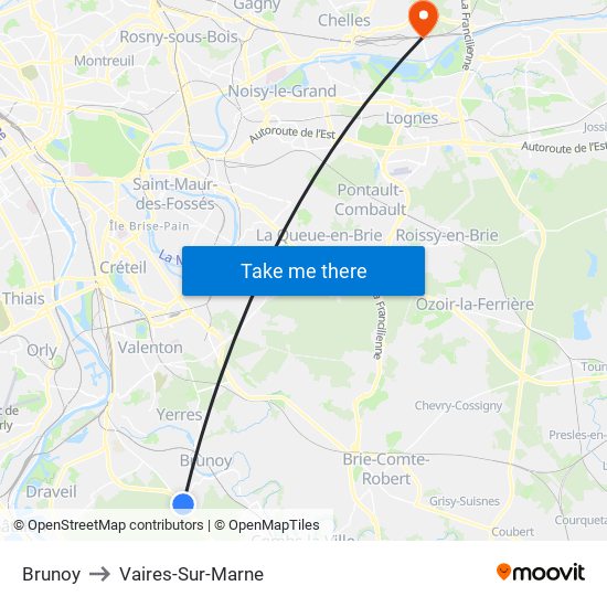Brunoy to Vaires-Sur-Marne map