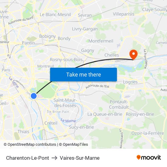Charenton-Le-Pont to Vaires-Sur-Marne map