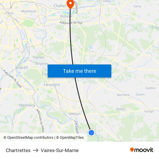 Chartrettes to Vaires-Sur-Marne map