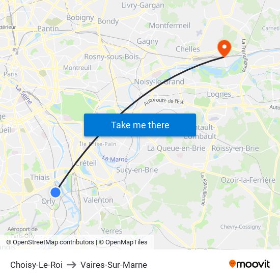 Choisy-Le-Roi to Vaires-Sur-Marne map