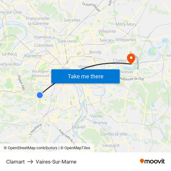 Clamart to Vaires-Sur-Marne map