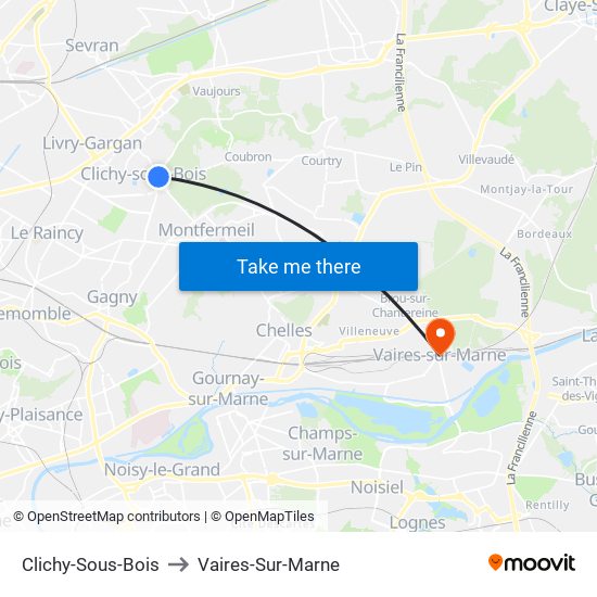 Clichy-Sous-Bois to Vaires-Sur-Marne map