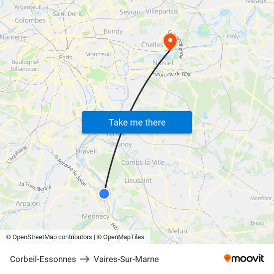 Corbeil-Essonnes to Vaires-Sur-Marne map
