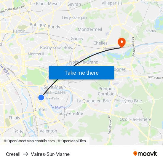 Creteil to Vaires-Sur-Marne map