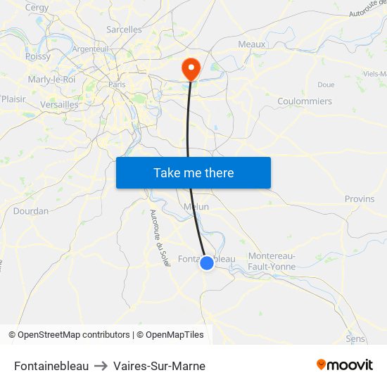 Fontainebleau to Vaires-Sur-Marne map